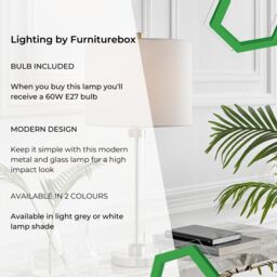 FurnitureboxUK Esme Clear Glass & Silver Metal Table Lamp Light With Fabric Shade (Including Bulb) in White - thumbnail 7