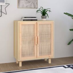 Berkfield Home Sideboard Brown 60x30x70 cm Solid Wood Pine & Natural Rattan - Size: 60 x 30 x 70 cm