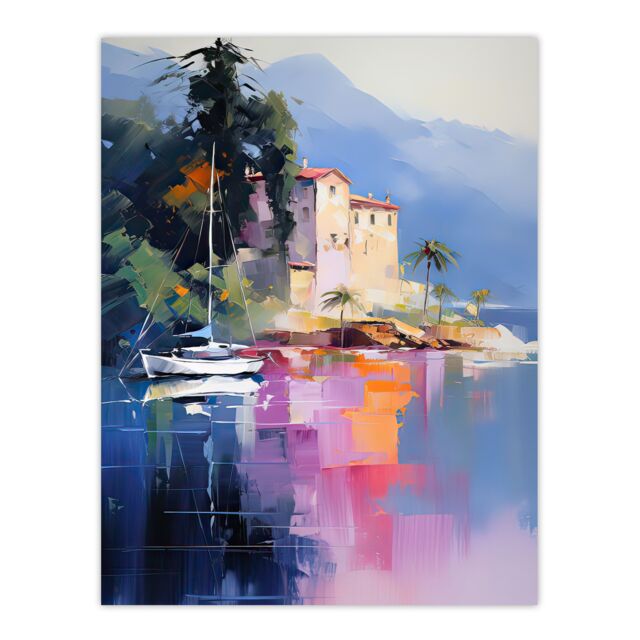 "Artery8 Wall Art Print Sail Boat on Lake Como Painting Scenic Italian Landscape Poster in Blue - Size: W18"" x H24""" - image 1
