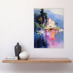 "Artery8 Wall Art Print Sail Boat on Lake Como Painting Scenic Italian Landscape Poster in Blue - Size: W18"" x H24""" - thumbnail 4