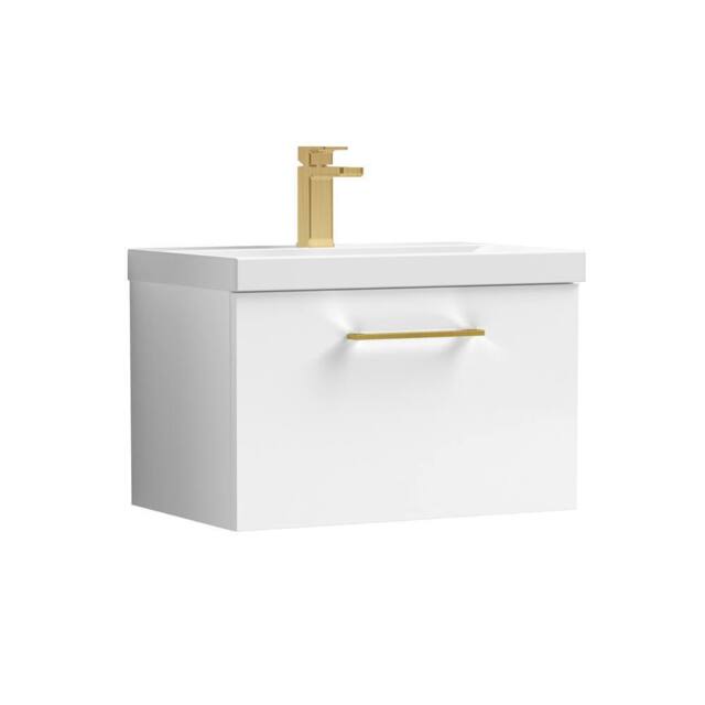 Balterley 600mm Wall Hung 1 Drawer Vanity Basin Unit, Gloss White, Brass Handle in White - image 1