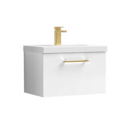 Balterley 600mm Wall Hung 1 Drawer Vanity Basin Unit, Gloss White, Brass Handle in White
