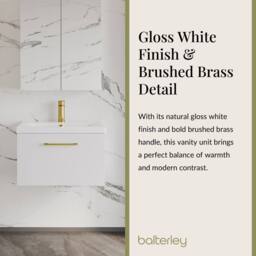 Balterley 600mm Wall Hung 1 Drawer Vanity Basin Unit, Gloss White, Brass Handle in White - thumbnail 3