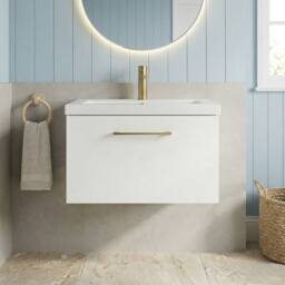Balterley 600mm Wall Hung 1 Drawer Vanity Basin Unit, Gloss White, Brass Handle in White - thumbnail 9
