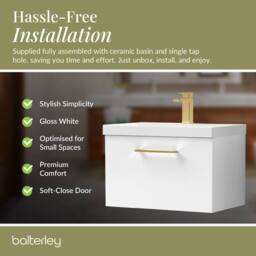 Balterley 600mm Wall Hung 1 Drawer Vanity Basin Unit, Gloss White, Brass Handle in White - thumbnail 7