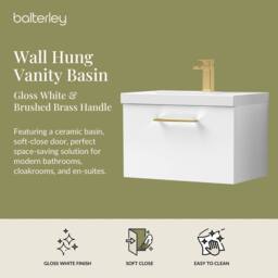 Balterley 600mm Wall Hung 1 Drawer Vanity Basin Unit, Gloss White, Brass Handle in White - thumbnail 2