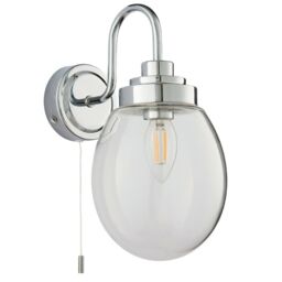 Loops IP44 Bathroom Wall Light Chrome & Round Clear Glass Modern Curved Arm Oval Lamp - thumbnail 1