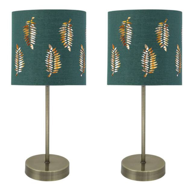 First Choice Lighting Set of 2 Antique Brass Stick Table Lamps with Dark Green Fern Shades in Bronze - image 1