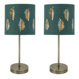 First Choice Lighting Set of 2 Antique Brass Stick Table Lamps with Dark Green Fern Shades in Bronze