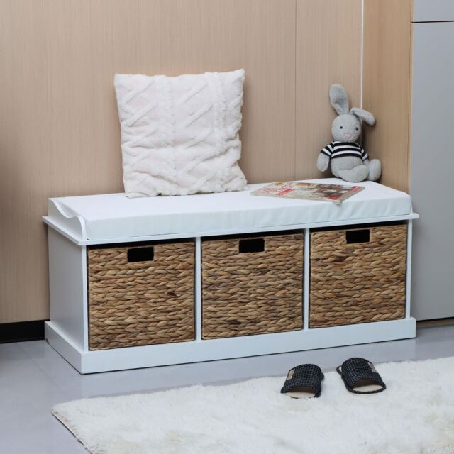 Home Source Hallway Storage Bench 3 Woven Drawer Padded Cushioned Top Wooden Frame in White - image 1