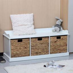 Home Source Hallway Storage Bench 3 Woven Drawer Padded Cushioned Top Wooden Frame in White - thumbnail 4