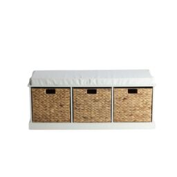 Home Source Hallway Storage Bench 3 Woven Drawer Padded Cushioned Top Wooden Frame in White - thumbnail 9
