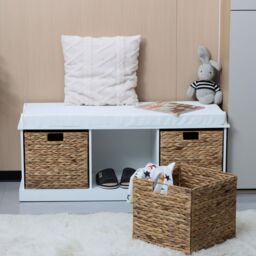 Home Source Hallway Storage Bench 3 Woven Drawer Padded Cushioned Top Wooden Frame in White - thumbnail 3