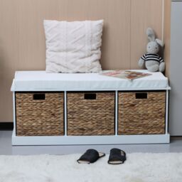 Home Source Hallway Storage Bench 3 Woven Drawer Padded Cushioned Top Wooden Frame in White - thumbnail 2