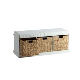 Home Source Hallway Storage Bench 3 Woven Drawer Padded Cushioned Top Wooden Frame in White - thumbnail 8