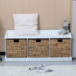 Home Source Hallway Storage Bench 3 Woven Drawer Padded Cushioned Top Wooden Frame in White - thumbnail 5