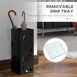 STILVORA Square Steel Umbrella Stand with 4 Hooks & Drip Tray, Black - thumbnail 7