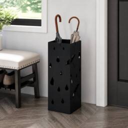 STILVORA Square Steel Umbrella Stand with 4 Hooks & Drip Tray, Black