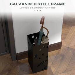 STILVORA Square Steel Umbrella Stand with 4 Hooks & Drip Tray, Black - thumbnail 6