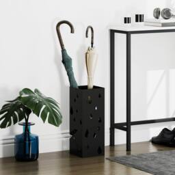 STILVORA Square Steel Umbrella Stand with 4 Hooks & Drip Tray, Black - thumbnail 2