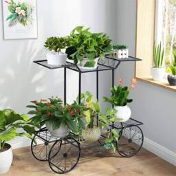 KORVIXA Metal Plant Stand Garden Cart Flower Holder in Black - thumbnail 4