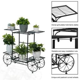 KORVIXA Metal Plant Stand Garden Cart Flower Holder in Black - thumbnail 3