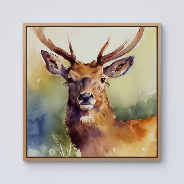 Warren Reed - Designer Splendid Stag Watercolour Framed Canvas in Light Brown - Size: w40 inch x h40 inch - image 1