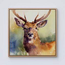 Warren Reed - Designer Splendid Stag Watercolour Framed Canvas in Light Brown - Size: w40 inch x h40 inch - thumbnail 1