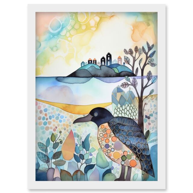 Artery8 Coastal Island Wildlife Folk Art Watercolour Painting Artwork Framed Wall Art Print A4 in White - image 1