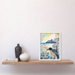 Artery8 Coastal Island Wildlife Folk Art Watercolour Painting Artwork Framed Wall Art Print A4 in White - thumbnail 2
