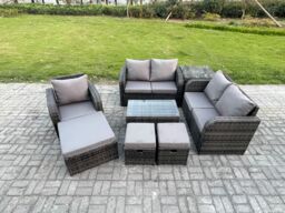 Fimous High Back Rattan Garden Furniture Set with Loveseat Sofa Rectangular Coffee Table 3 Footstools Side Table Indoor Outdoor Patio Lounge Sofa Set - thumbnail 1