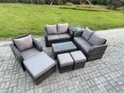 Fimous High Back Rattan Garden Furniture Set with Loveseat Sofa Rectangular Coffee Table 3 Footstools Side Table Indoor Outdoor Patio Lounge Sofa Set - thumbnail 2