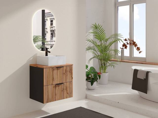 Vente-unique Fluted Wall-Hung Bathroom Unit With Square Countertop Basin - Light in Black - image 1