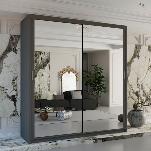Sliding Wardrobes 4U Double Mirror Sliding Wardrobe With LED Light W100cm x H217cm x D62cm in Grey - image 1