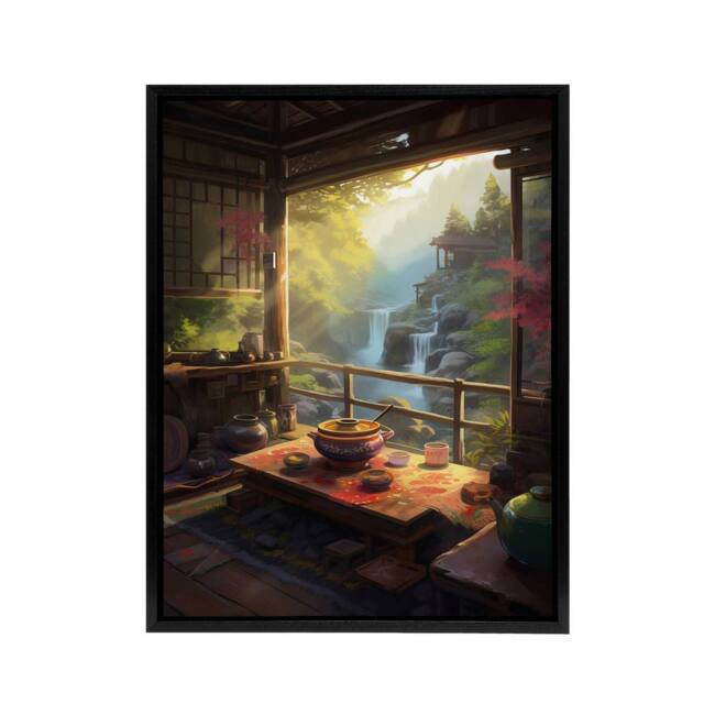 "Artery8 Waterfall View From Japanese Tea House Patio Framed Canvas Wall Art Print - Size: W12"" x H16""" - image 1