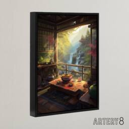 "Artery8 Waterfall View From Japanese Tea House Patio Framed Canvas Wall Art Print - Size: W12"" x H16""" - thumbnail 2