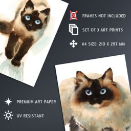 Artery8 Wall Art Print Blue Eyed Ragdoll Cats Watercolour Set Of 3 s Living Room Aesthetic Paintings A4 - thumbnail 4