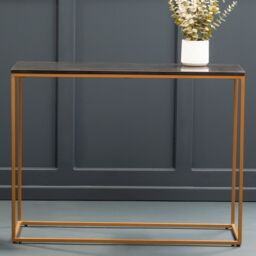 Orsina Black Marble Console Table, Rectangular Black Marble Top on Matte Gold Iron Frame, Geometric Modern Console