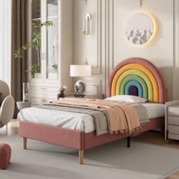 Matteo Adjustable Velvet Upholstered Bed 90*190 with Wooden Slat Support & Headboard, Pink in Beige - thumbnail 2