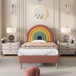 Matteo Adjustable Velvet Upholstered Bed 90*190 with Wooden Slat Support & Headboard, Pink in Beige - thumbnail 3