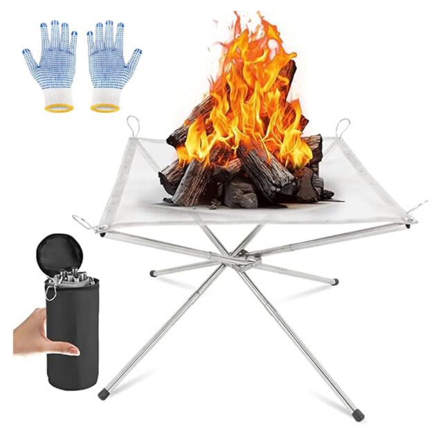 Shatchi Portable Fire Pit for Outdoor Camping, 42CM Foldable Stainless Steel Mesh Fire Pit with Heat Resistant Gloves & Carrying Bag in Silver - image 1