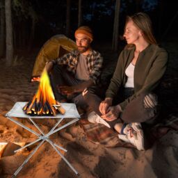 Shatchi Portable Fire Pit for Outdoor Camping, 42CM Foldable Stainless Steel Mesh Fire Pit with Heat Resistant Gloves & Carrying Bag in Silver - thumbnail 2
