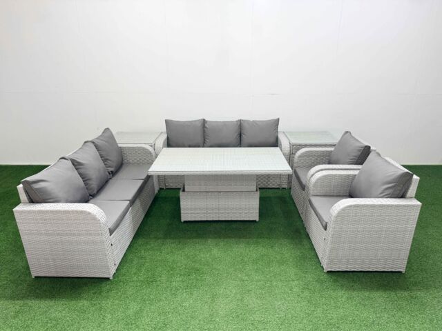 Fimous PE Rattan High Back Lounge Sofa Set Patio Adjustable Lifting Dining or Coffee Table & Chairs Set w/ 3 Seater Sofa Reclining Chair 2 Side Table - image 1
