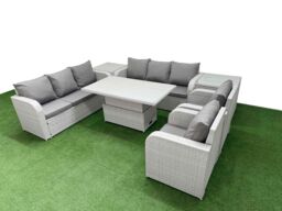 Fimous PE Rattan High Back Lounge Sofa Set Patio Adjustable Lifting Dining or Coffee Table & Chairs Set w/ 3 Seater Sofa Reclining Chair 2 Side Table - thumbnail 2