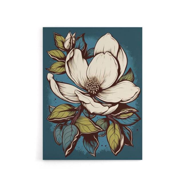 "Artery8 Magnolia Flower Old School USA Tattoo Design Canvas Wall Art Print in Blue - Size: W24"" x H32""" - image 1