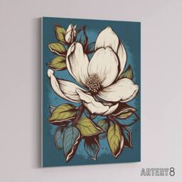 "Artery8 Magnolia Flower Old School USA Tattoo Design Canvas Wall Art Print in Blue - Size: W24"" x H32""" - thumbnail 2