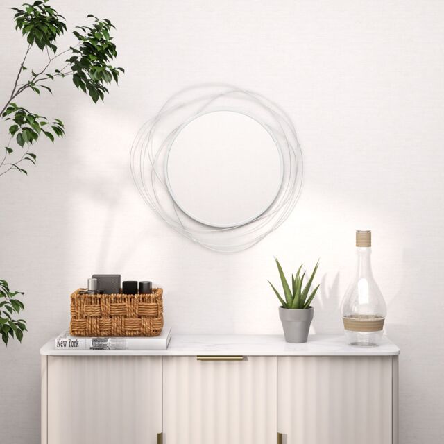 HOMCOM Metal Wall Art 65cm Round Mirror for Living Room Dining Room in Silver - image 1