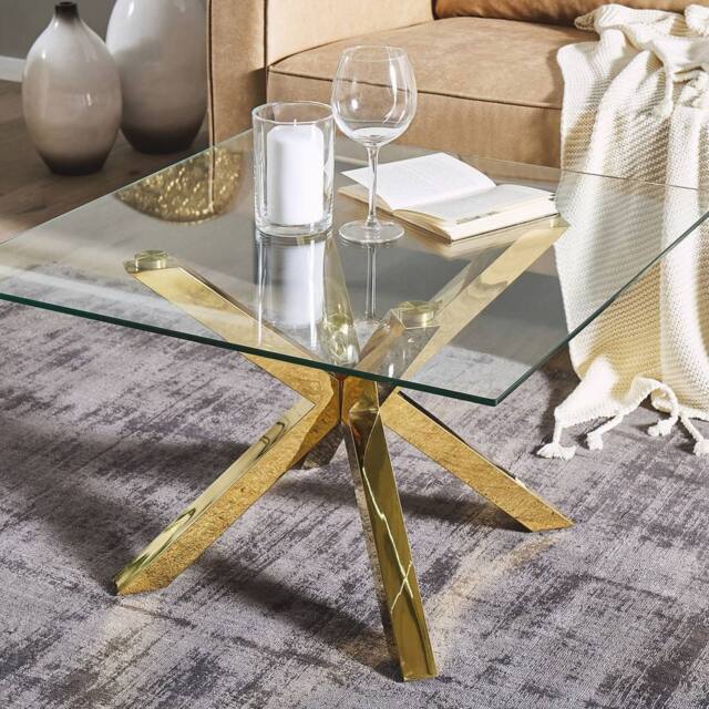 Wyld and Coco Gold Glass Coffee Table Tempered Glass Top Glossy Gold Metal Legs - image 1