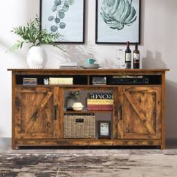 "Costway Industrial TV Stand for TVs up to 65"" Fireplace TV Stand Entertainment Center in Brown" - thumbnail 4