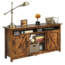 "Costway Industrial TV Stand for TVs up to 65"" Fireplace TV Stand Entertainment Center in Brown" - thumbnail 6
